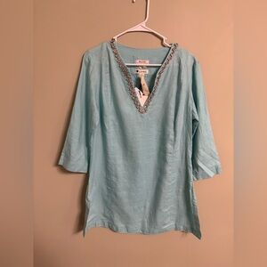 Malvin 100% Linen Tunic V-Neck Rhinestones Turquoise 3/4 Sleeve Top Size XL New
